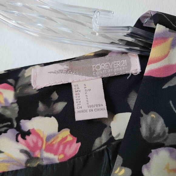 Forever 21 Black Floral Print Long Sleeve A Line Dress Tie Back Size Small - Picture 4 of 8